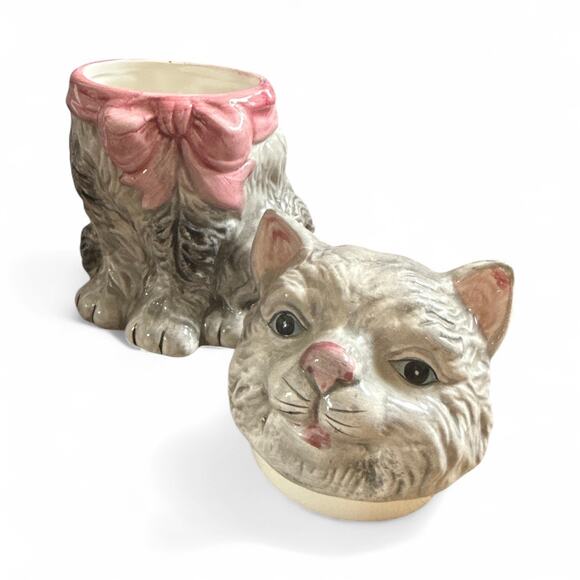 World Bazaars Inc Grey Kitten Cat with Pink Bow Cookie Jar 8" - Picture 2 of 8